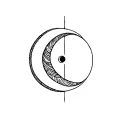 Crescent with a dot inside, vertical line above with a diagonal slash, spiral to the side tattoo design idea