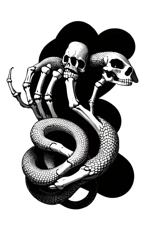 a skeleton hand holding pinkies with a real hand with a snake wrapped around them tattoo design idea