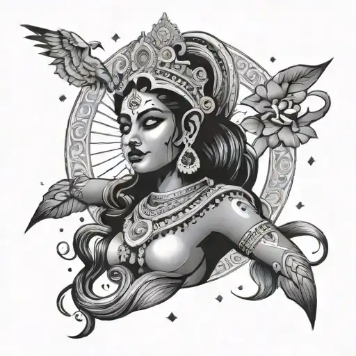 A tattoo design featuring Goddess Kali alongside the sun, moon, and stars could be both powerful and symbolic.  tattoo design idea