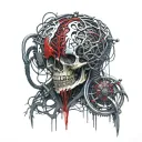 Realistic Organ bleeding, Red black silver, Veiny Wires Vessels cords, Bleeding decaying rotting, cybernetic electronic  tattoo design idea