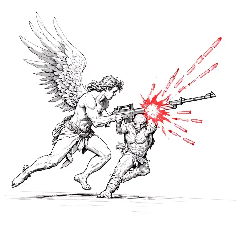 An angel fighting off a demon with bullets fired from a modern rifle  tattoo design idea