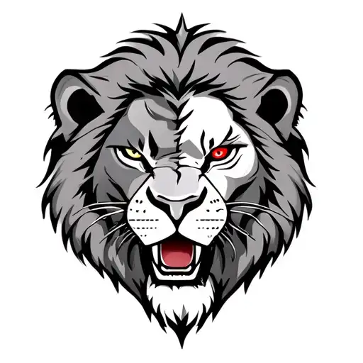 roaring lion with scar on one eye and red eye on the other side  tattoo design idea