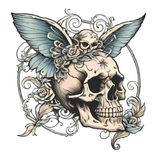 SKULL WITH FAIRY WINGS IN THE MIDDLE OF THE TATOO FOR CIRUS CUBAS TATOO STUDIO   tattoo design idea