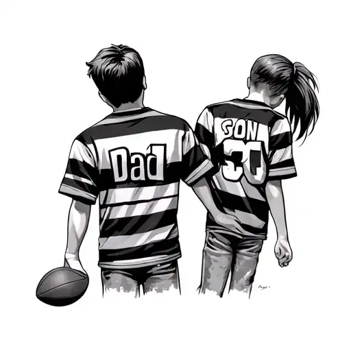 a dad and son in stripey football tops holding hands from the back and the dads shirt says dad and sons says son tattoo design idea