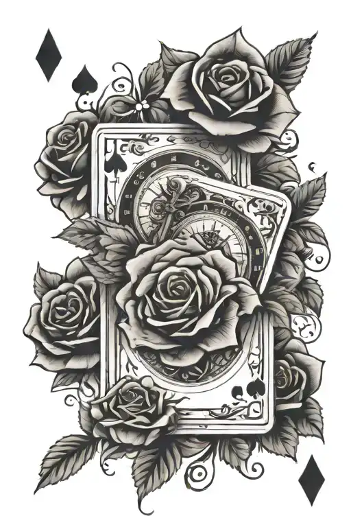 deck of cards with the quote life is a gamble , roses , money , and clocks  tattoo design idea
