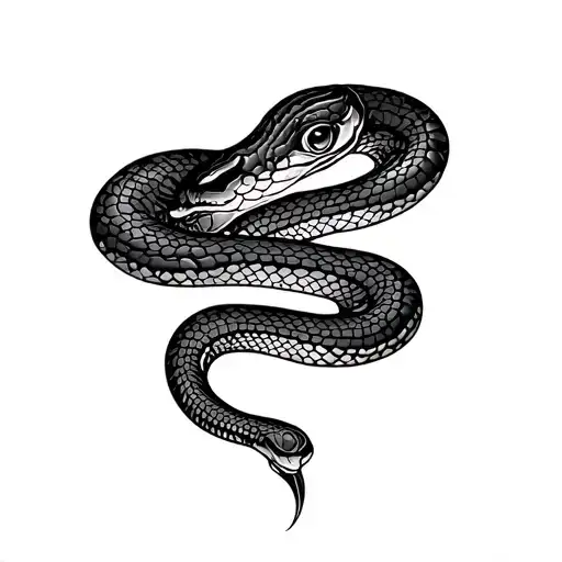 A vertical black and grey fine-line tattoo of a coiled snake in an elegant S-shape, positioned behind the ear. tattoo design idea