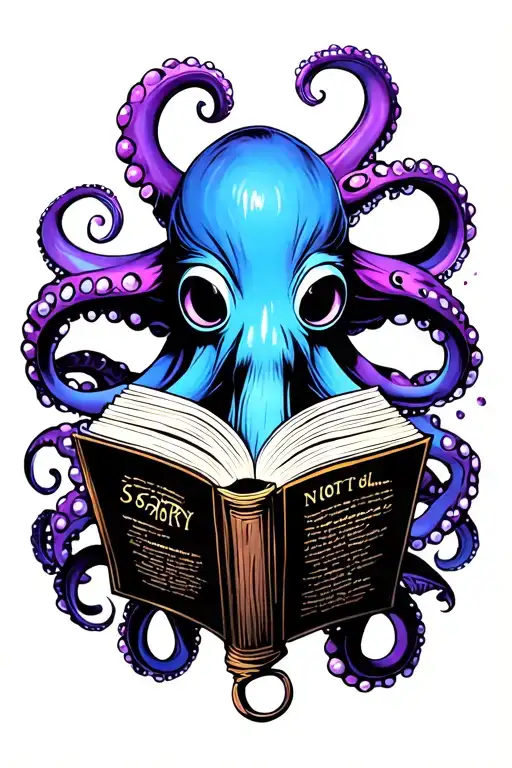 steampunk octopus reading book purple and blue not scary tattoo design idea