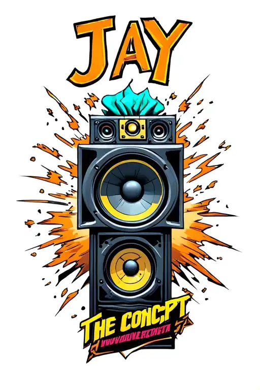 "Jay the Concept " speakers blasting music tattoo design idea