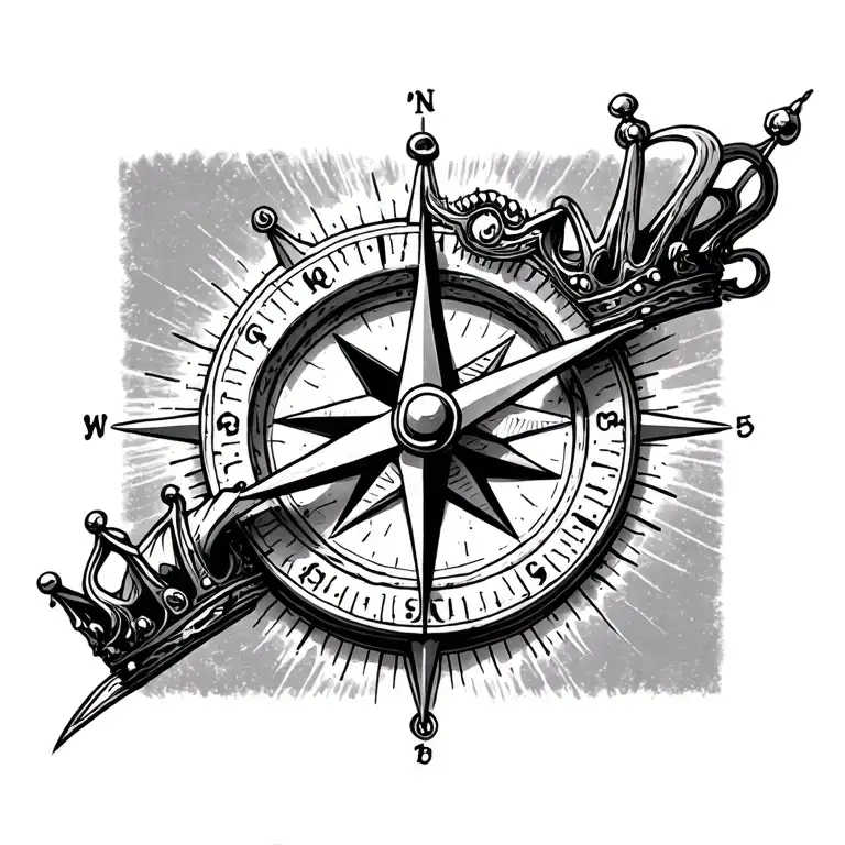 compass with 1 queen's crown hanging tattoo design idea