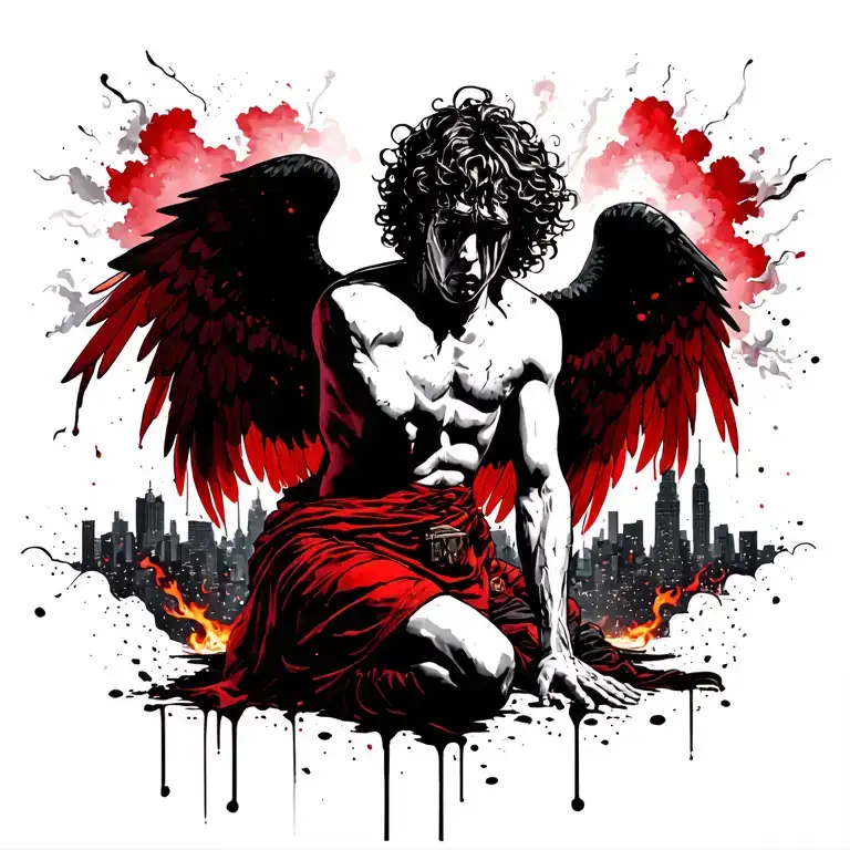 kneeing male angel in grief with a skyline of a burning city behind and crying angels with the clouds apocalyptic style  tattoo design idea