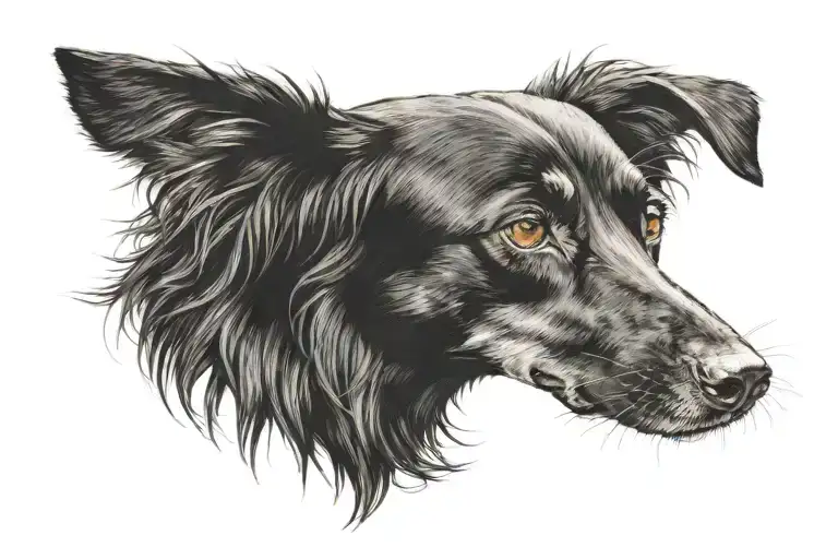 black mcnab dog with big brown eyes and long hair memorialized with lilys in background tattoo design idea