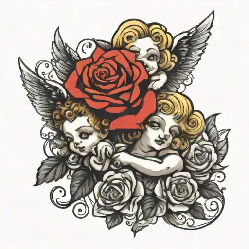 cherubs and roses tattoo design idea