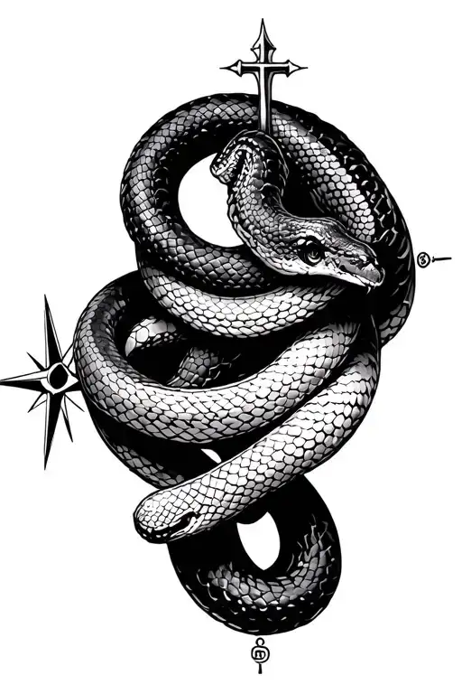 Snake wrapped through an old school compass and cross tattoo design idea