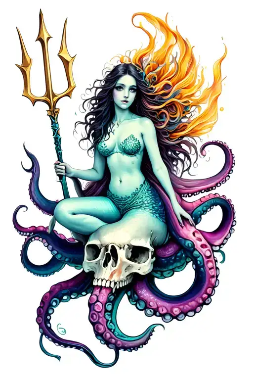 a siren mermaid sitting on an octopus skull hybrid holding a trident tattoo design idea