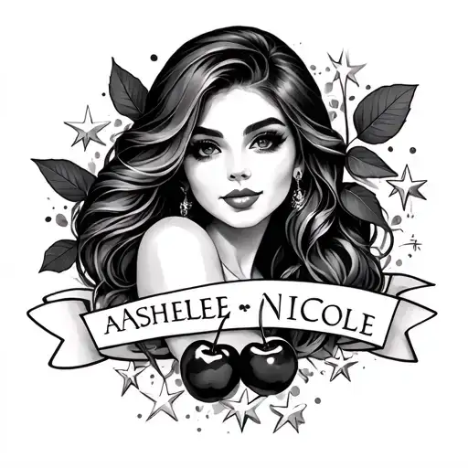 Name Ashlee Nicole with cherries and stars tattoo design idea