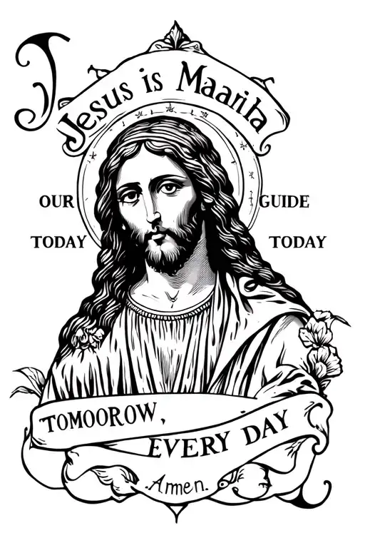 I want a tattoo that says “Jesus is Maria be our guide today tomorrow every day, Amen” Old School Style tattoo design idea