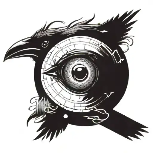 A crow with a mystical anime-inspired eye (sharingan) design in blackwork style tattoo design idea