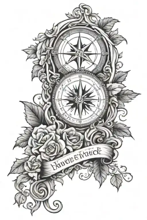 arch monument with compass rose and vine wrapping tattoo design idea