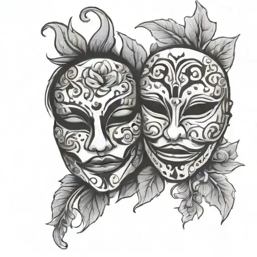 happy and sad mask and flowers tattoo design idea