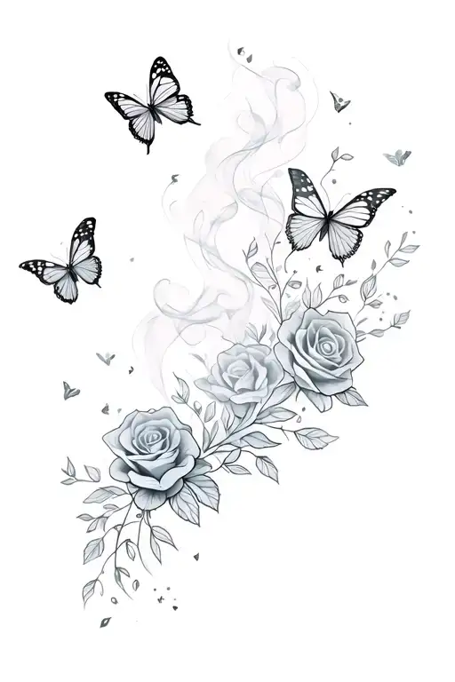a sleeve tattoo with small butterflies and roses  and everything surrounded by smoke tattoo design idea