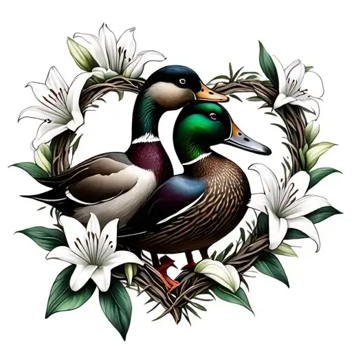 two mallard ducks cuddling inside a wreath of lily flowers in the shape of a heart tattoo design idea