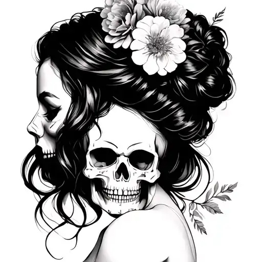 Side profile woman hair up skulls flowers tattoo design idea