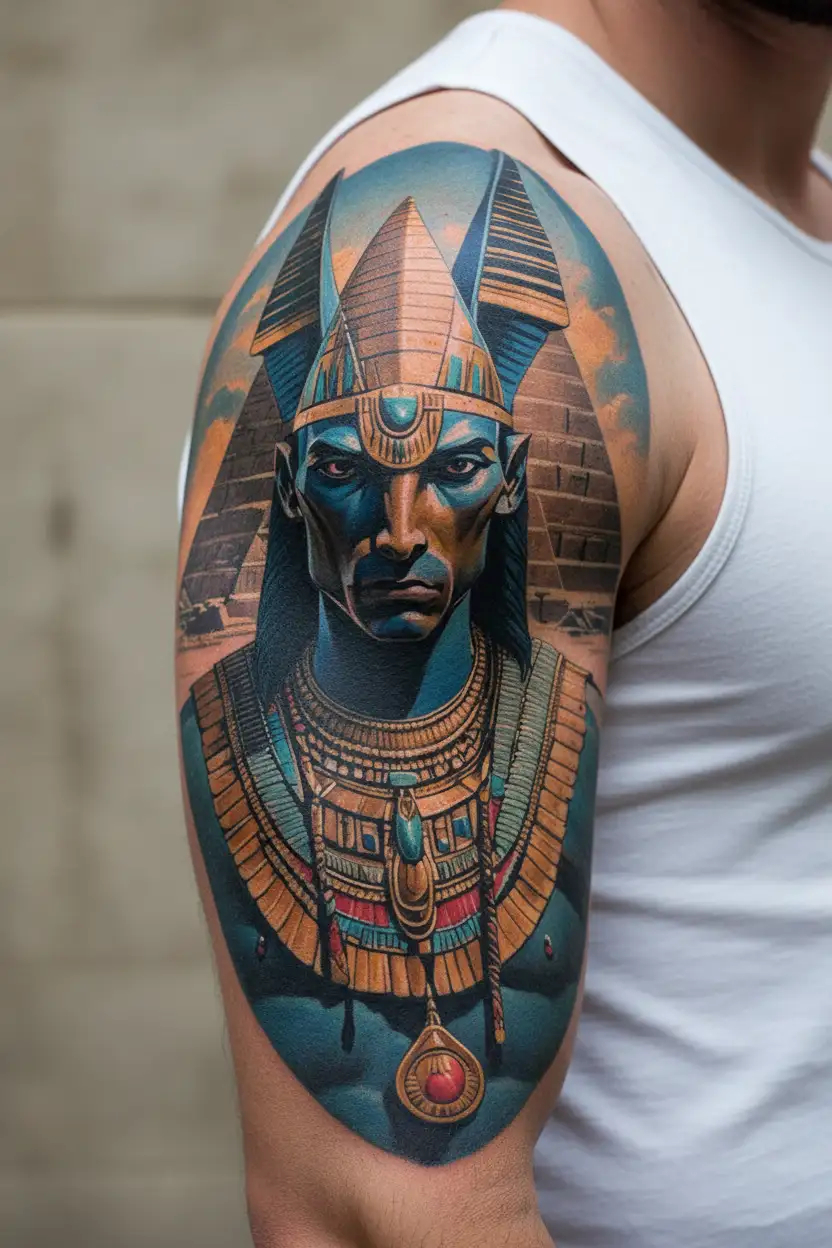 anubis with pyramids and inca warrior tattoo design idea
