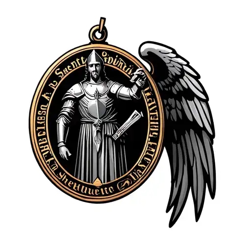 The Saint Benedict Medal tattoo with a knight in armor with wings tattoo design idea