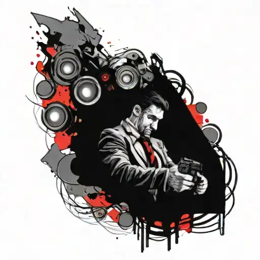 A colorful and dynamic tattoo featuring a fusion of Trash Polka, gaming motifs, and iconic imagery from Alan Wake tattoo design idea