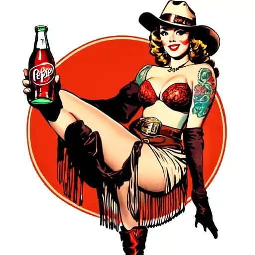 A vintage 1950s-style pin-up cowgirl holding a classic glass Dr Pepper bottle. She’s wearing a fringe skirt, cowboy boot tattoo design idea