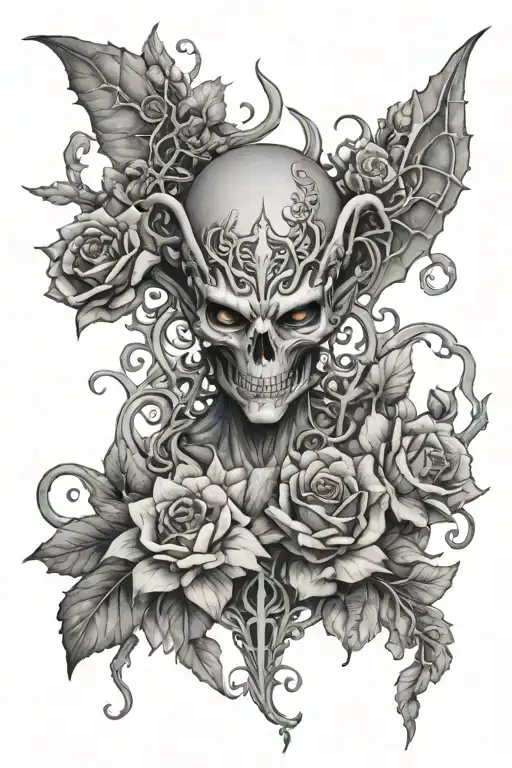 the symbol of Slaanesh surrounded by flowers and vines tattoo design idea