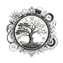 tree of life tattoo design combining elements of philosophy, nature ,clock,male face,sun ,moon,YIN YANG, ocean waves tattoo design idea