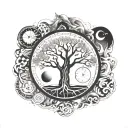 tree of life tattoo design combining elements of philosophy, nature ,clock,male face,sun ,moon,YIN YANG, ocean waves tattoo design idea