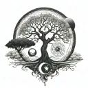 tree of life tattoo design combining elements of philosophy, nature ,clock,male face,sun ,moon,YIN YANG, ocean waves tattoo design idea