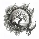 tree of life tattoo design combining elements of philosophy, nature ,clock,male face,sun ,moon,YIN YANG, ocean waves tattoo design idea