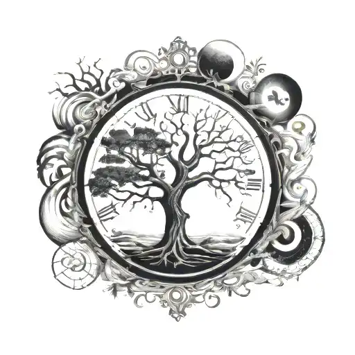 tree of life tattoo design combining elements of philosophy, nature ,clock,male face,sun ,moon,YIN YANG, ocean waves tattoo design idea