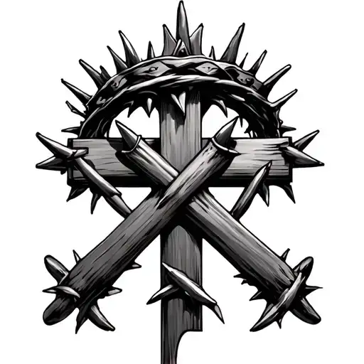3d black and white tatto for the fore arm a cross made from nails with a crown of thorns leaning on it tattoo design idea