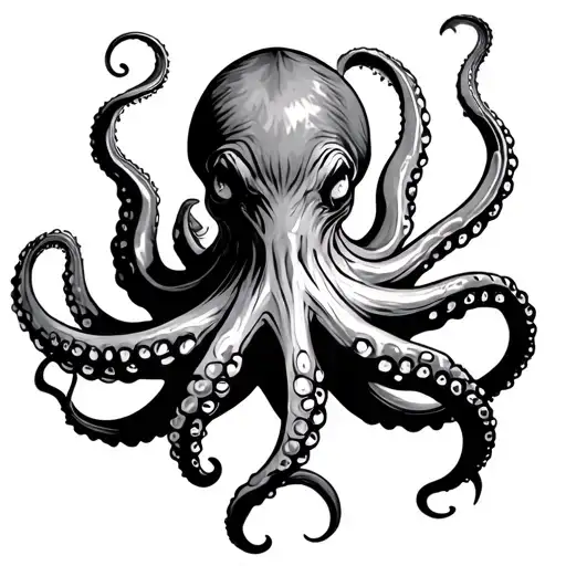 Japanese tattoo style, depicting an octopus from the front, with four arms above its head and four below it. Stylised wa tattoo design idea