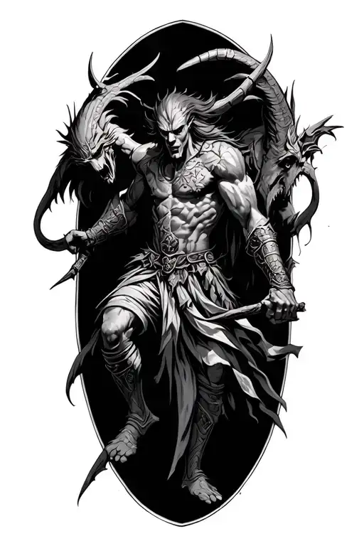 warrior battling demons tattoo design idea