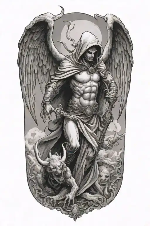 Hooded Arch Angel killing A Demon tattoo design idea