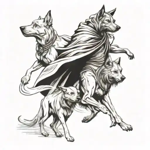 cloaked figure with a pack of dogs running tattoo design idea