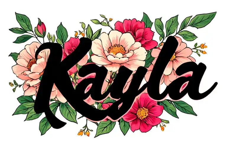 blossom flowers wrapped with Kayla name written tattoo design idea