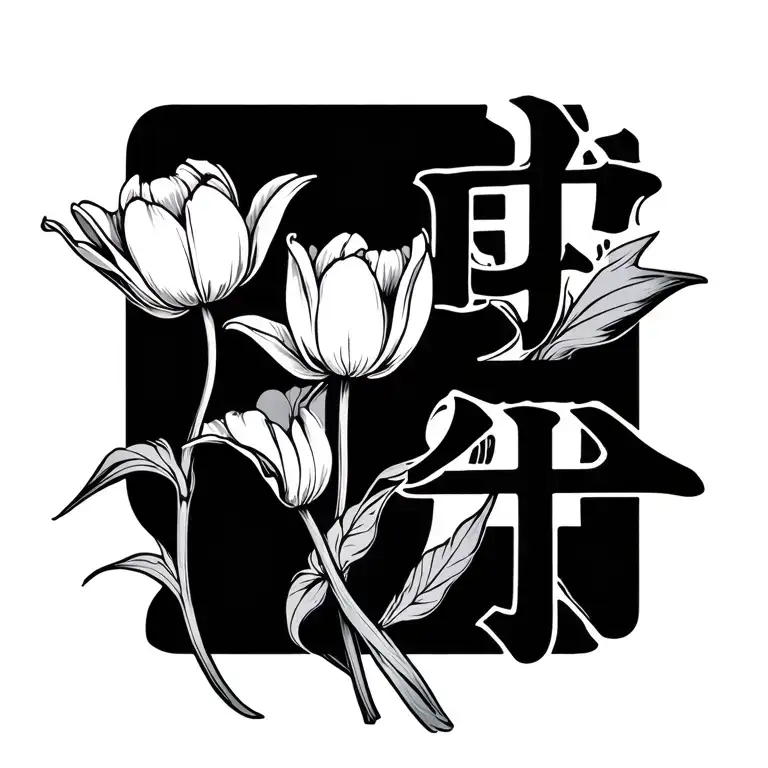 fine line tattoo of traditional chinese character for love and a tulip tattoo design idea
