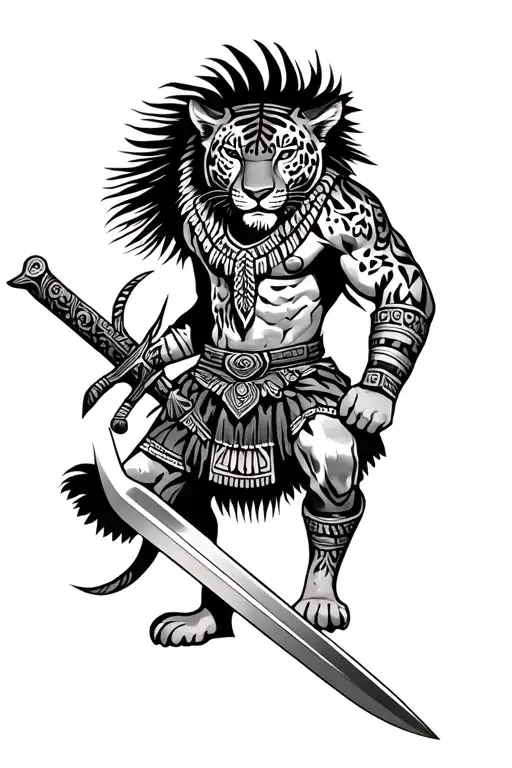 realism jaguar aztec warrior wielding his sword tattoo design idea