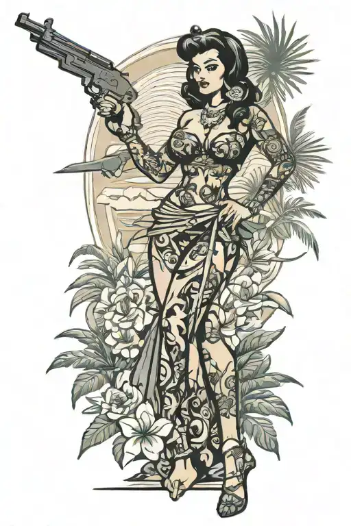 hula girl pin up with tattoos standing sexy and proud on a beach with a pistol tattoo design idea