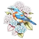 eastern bluebird perched on pink and blue hydrangeas  tattoo design idea