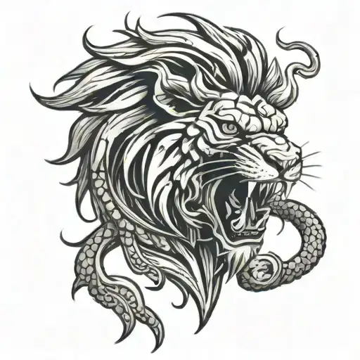lion head with dragon coming out of mouth tattoo design idea