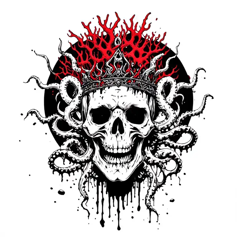 King Of Bones With A Coral Crown, Hades 2 Style, Eldritch, Tentacles, Lovecraftian, Deep Sea background, seaweed tattoo design idea