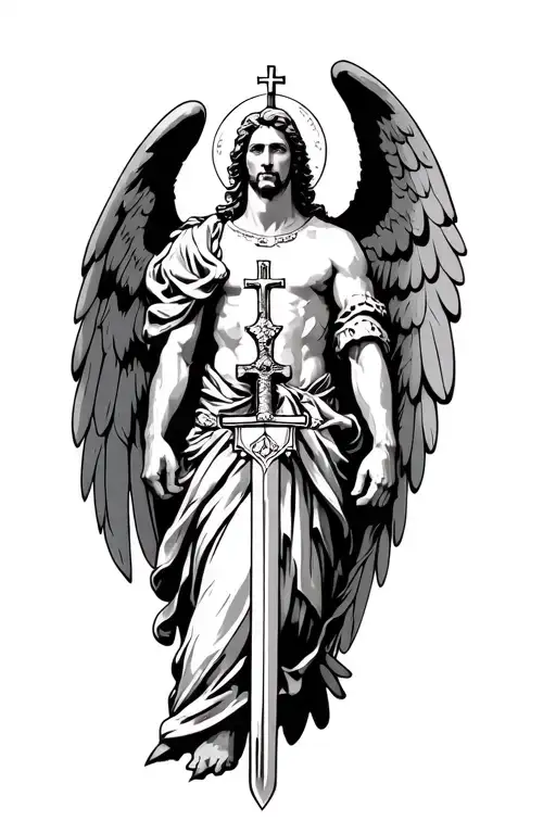 saint michael the archangel with a sword as well as a cross not on him, but somewhere in the sleeve. tattoo design idea