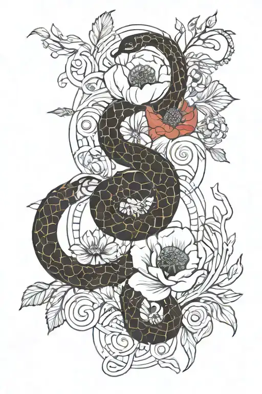 snake thin, poppies red flowers apple and willow tattoo design idea
